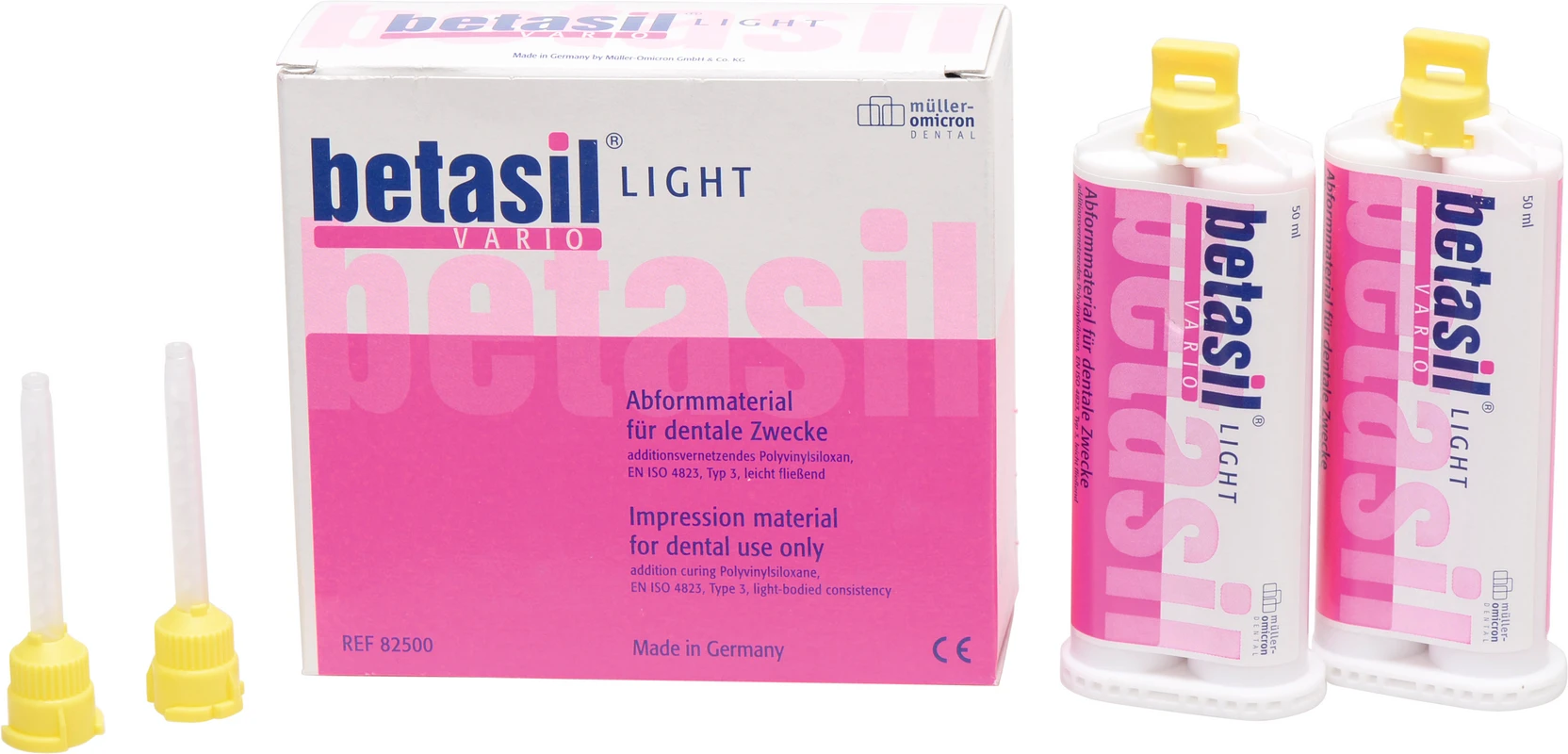 betasil® VARIO LIGHT Packung 2 x 50 ml Kartusche light, 12 Mixing Tips gelb