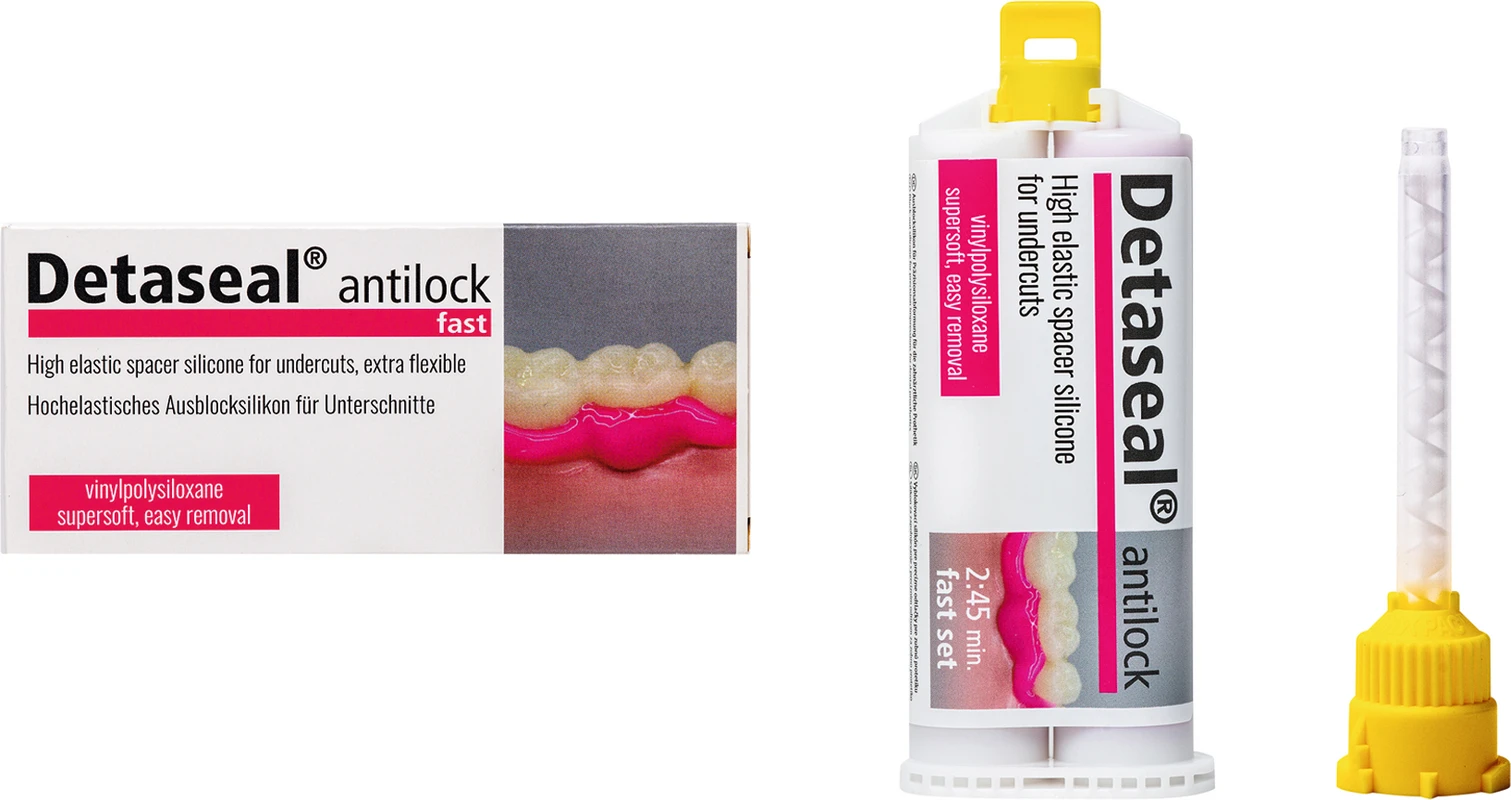 Detaseal® antilock Packung 50 ml Base, 50 ml Katalysator, 6 Mischkanülen gelb, 6 Intra-Oral Tips gelb