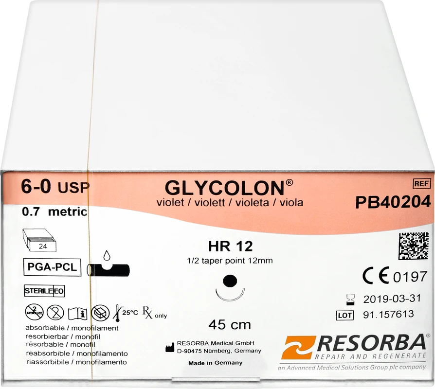 Glycolon® Monofil Packung 24 Stück, violett, 45 cm, DSM 13, USP 6/0 Glycolon® Monofil Resorba Medical