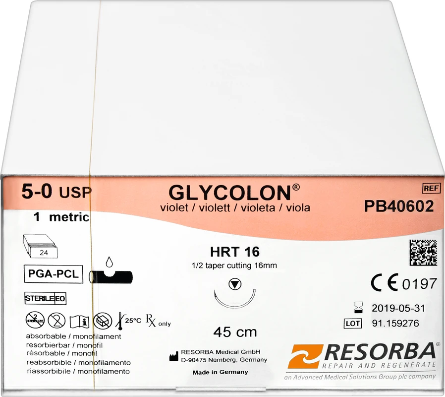 Glycolon® Monofil Packung 24 Stück, violett, 45 cm, HRT 16 USP 5/0 Glycolon® Monofil Packung 24 Stück, violett, 45 cm, HRT 16 USP 5/0