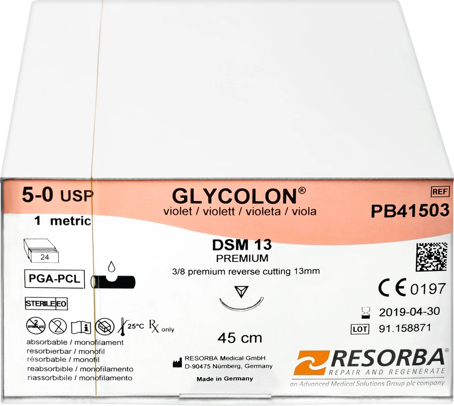 Glycolon® Monofil Packung 24 Stück violett, 45 cm, DSM13, 3/8 Kreis, außen schneidend, Premium-Schliff, 13 mm, USP 5/0