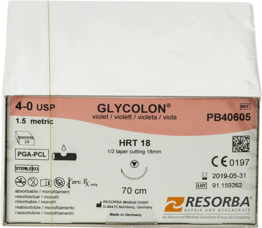 Glycolon® Monofil Packung 24 Stück, violett, 70 cm, HRT 18, USP 4/0 Glycolon® Monofil Resorba Medical
