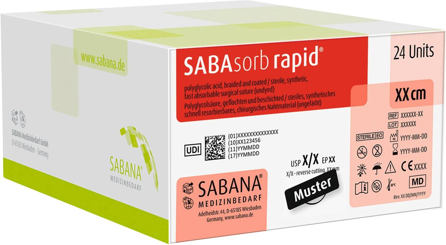 SABAsorb rapid® Packung 24 Stück ungefärbt, 45 cm, DS-16, 3/8 Kreis, schneidend, 16 mm, USP 4/0