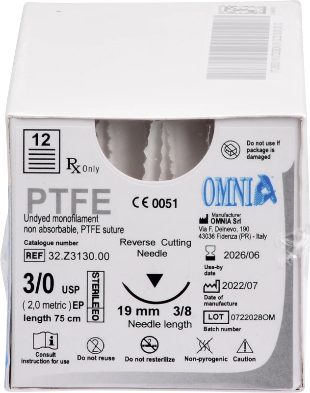PTFE Nahtmaterial Packung 12 Stück 75 cm, 3/8 Kreis, schneidend, 19 mm, USP 3/0