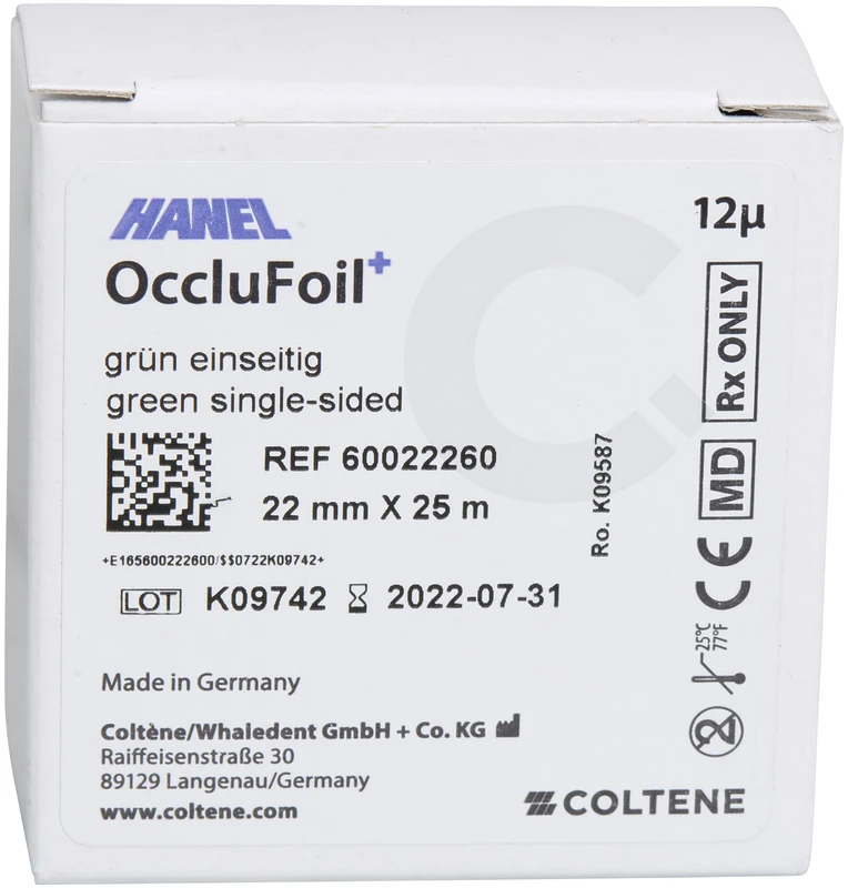 HANEL OccluFoil+, einseitig 12µ Rolle 25 m grün, 22 mm breit, PET
