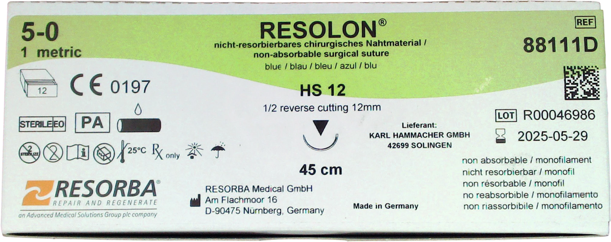 RESOLON® Packung 12 Stück blau, 45 cm, HS12, 1/2 Kreis, schneidend, 12 mm, USP 5/0