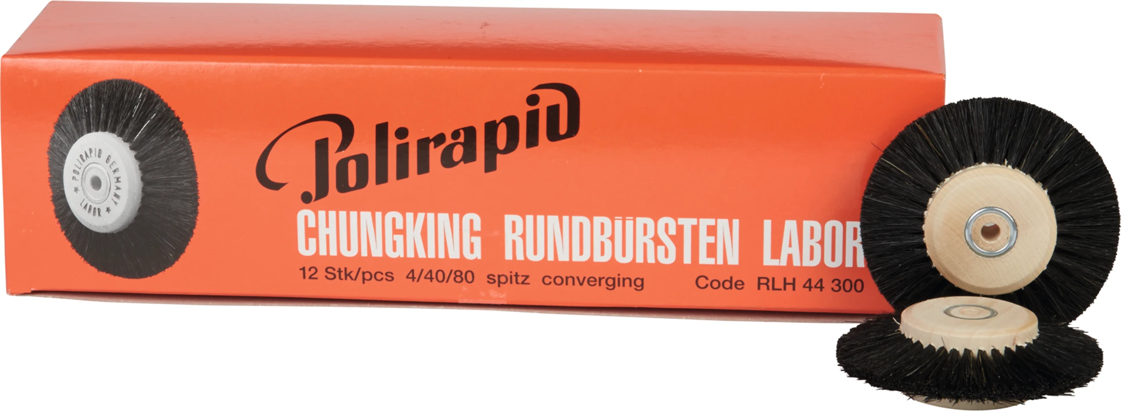Labor Rundbürsten Packung 12 Stück mit HK, 4-reihig, Chungking schwarz, spitz, Kern: Ø 40 mm, Außen: Ø 80 mm