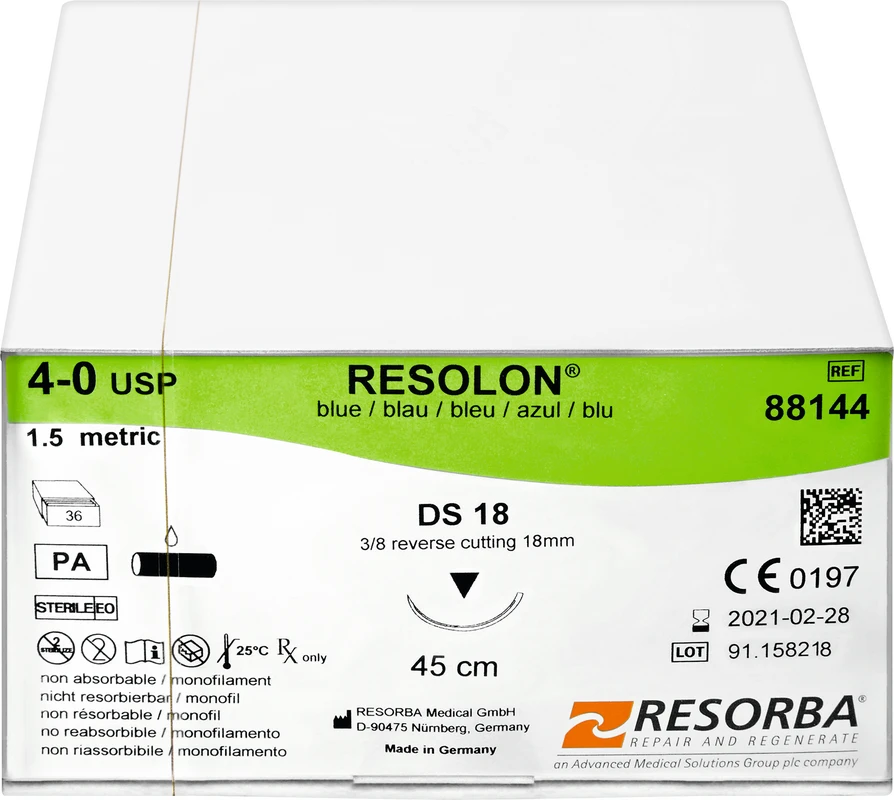 RESOLON® Packung 36 Stück blau, 45 cm, DS18, 3/8 Kreis, außen schneidend, 18 mm, USP 4/0