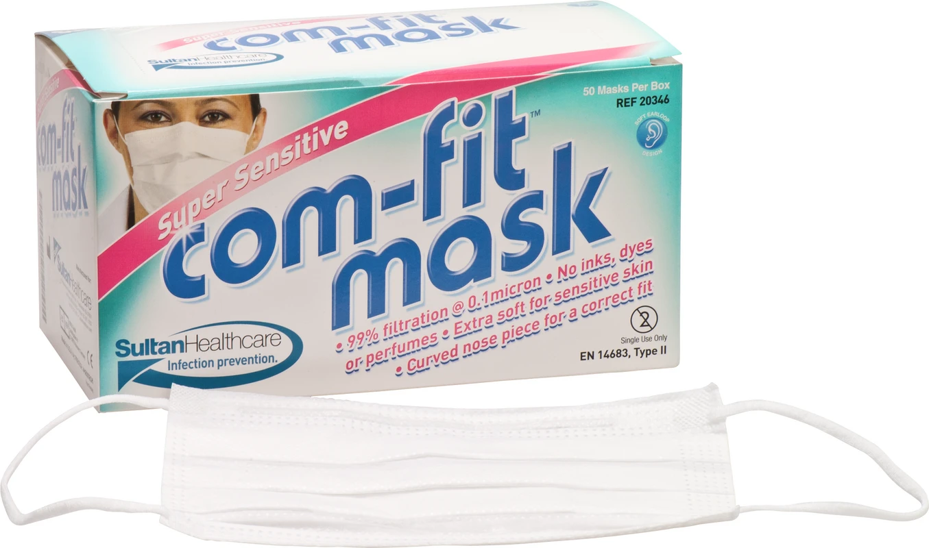 com-fit Super Sensitive Mundschutz Packung 50 Stück mit Ohrschlinge, weiß