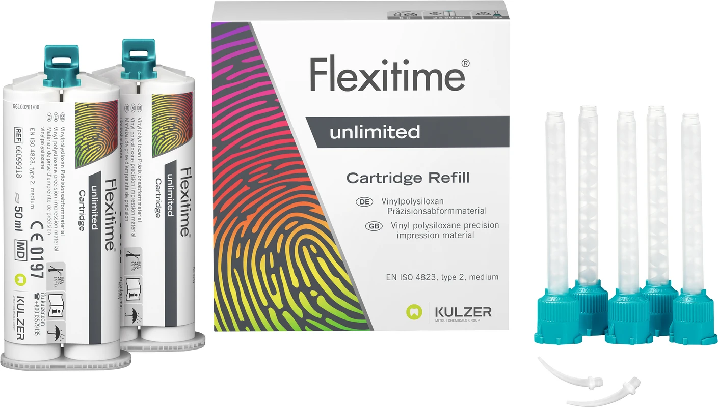 Flexitime® unlimited  Refillpackung 2 x 50 ml Kartusche, 5 Mixing Tips, 6 Intraoral Tips, 1 Gebrauchsinformation