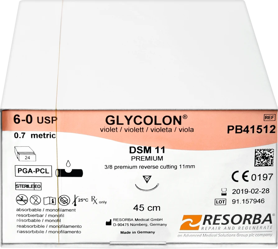 Glycolon® Monofil Packung 36 Stück violett, 45 cm, DSM11, 3/8 Kreis, außen schneidend, Premium-Schliff, 11 mm USP 6/0
