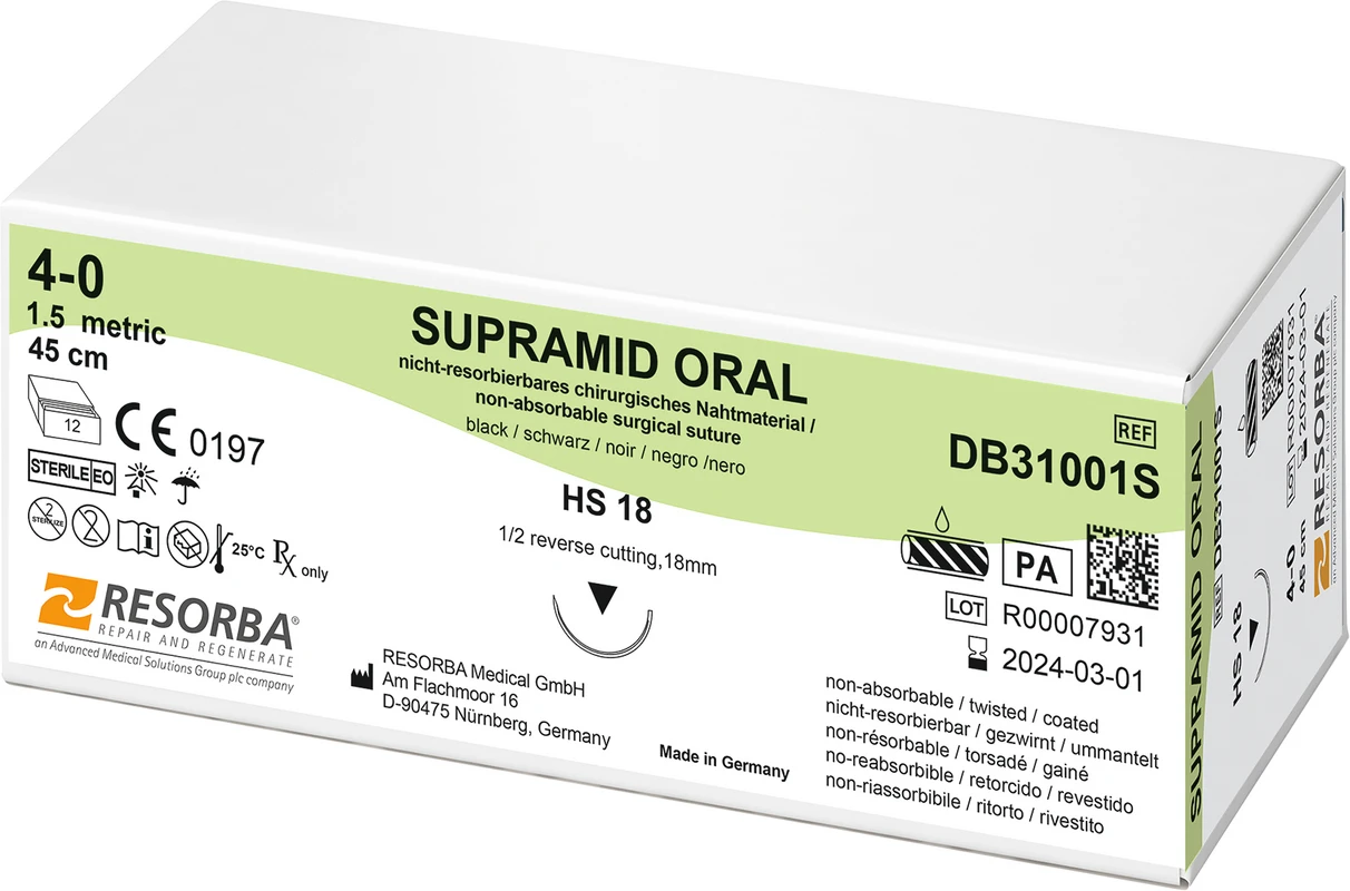Supramid oral Packung 12 Stück schwarz, 45 cm, HS 18, 1/2 Kreis, außen schneidend, 18 mm, USP 4/0