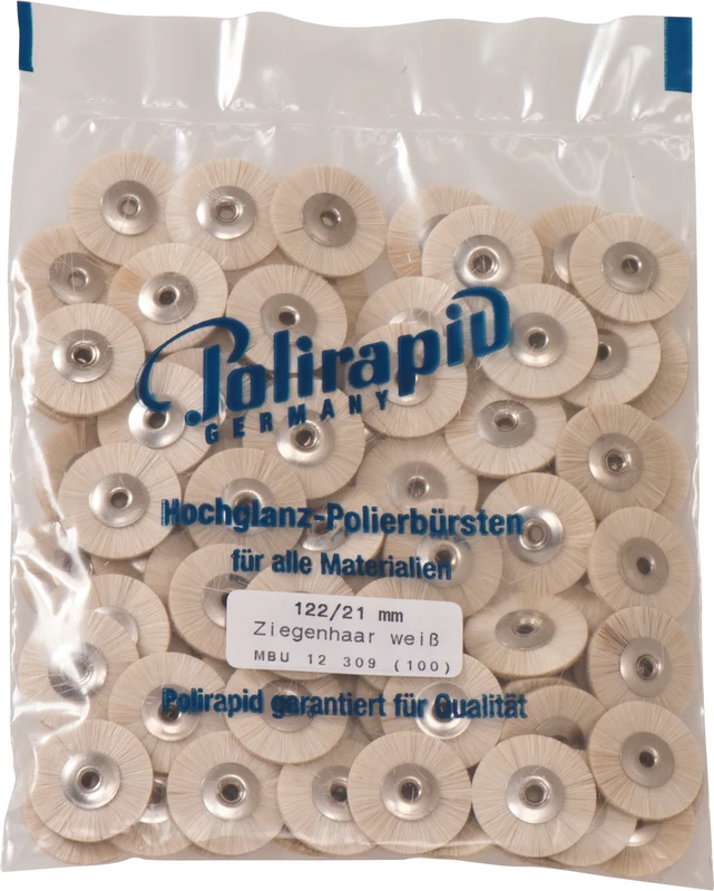 Miniaturbürsten Ziegenhaar Packung 100 Stück unmontiert, weiß sehr weich, Ziegenhaar, Ø 21 mm