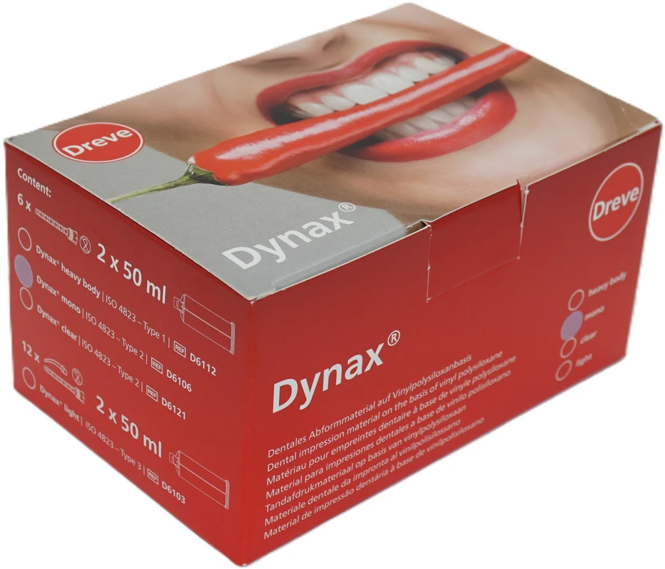 Dynax® mono Packung 2 x 50 ml Doppelkartusche 58 Shore A lavendelviolett, 6 Mischkanülen Dynax® mono Dreve Dentamid
