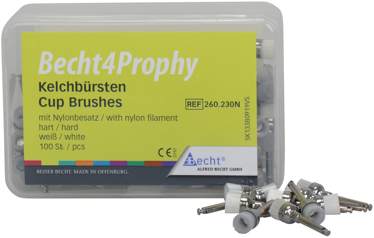 Becht4 Prophy Kelchbürsten Box 100 Stück weiß hart, mit Nylonbesatz, RA