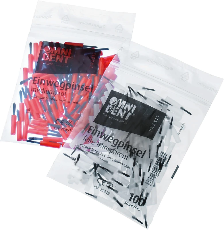 Einwegpinsel Packung 100 Stück transparent, Haar schwarz und kurz, fein Einwegpinsel OMNIDENT