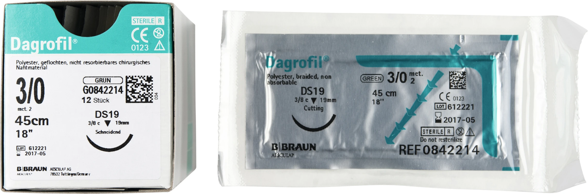 Dagrofil® Packung 12 Stück grün, 45 cm, DS19, 3/8 Kreis, schneidend, 19 mm, USP 3/0