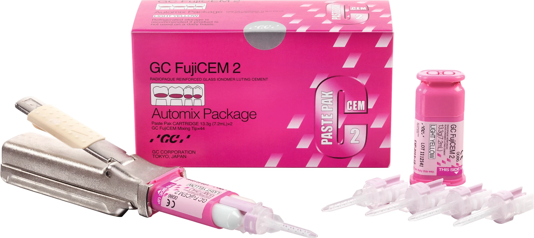 GC FujiCEM® 2 SL Kennlernset 7,2 ml Kartusche SL, 15 FujiCEM 2 Mixing Tips SL, 5 GC FujiCEM 2 Mixing Tip SL Endo, 1 Paste Pak Dispenser