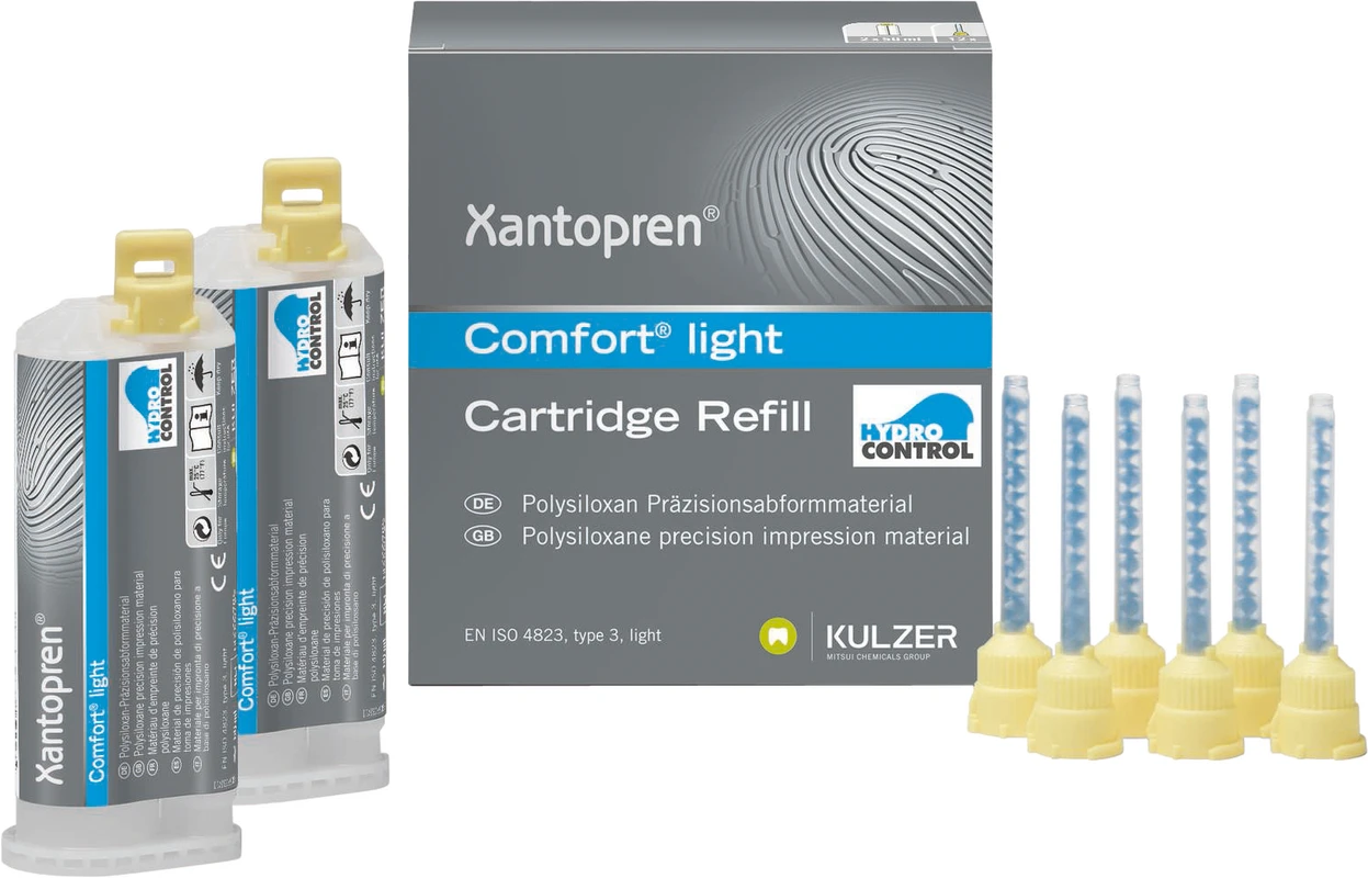 Xantopren® Comfort® System Normalpackung 2 x 50 ml Doppelkartusche light blau, 12 Mixing Tips