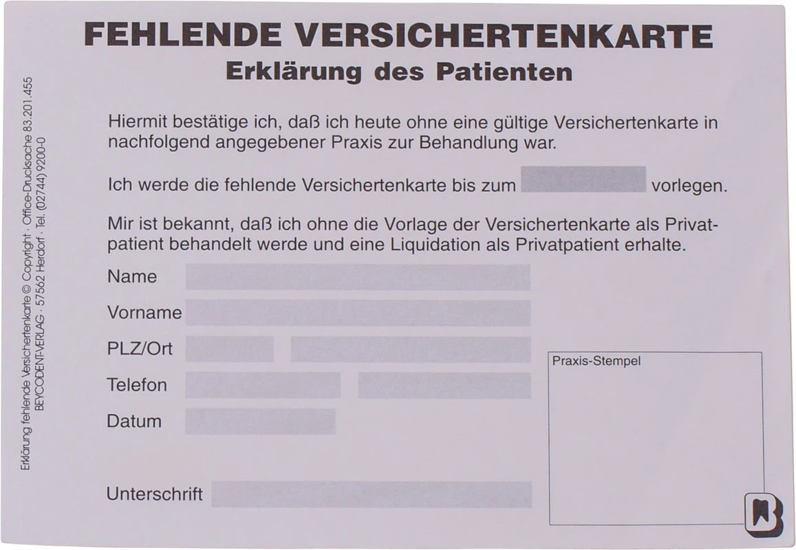 Erklärung fehlende Versichertenkarte Stück 100 Blatt