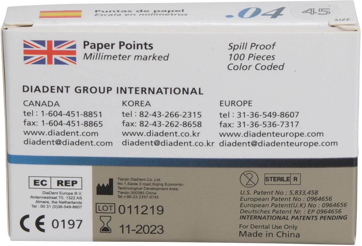 DiaDent® Dia-Pro Paper Points Packung 100 Stück Taper.04, ISO 045
