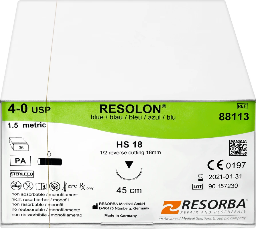 RESOLON® Packung 36 Stück blau, 45 cm, HS18, 1/2 Kreis, außen schneidend, 18 mm, USP 4/0