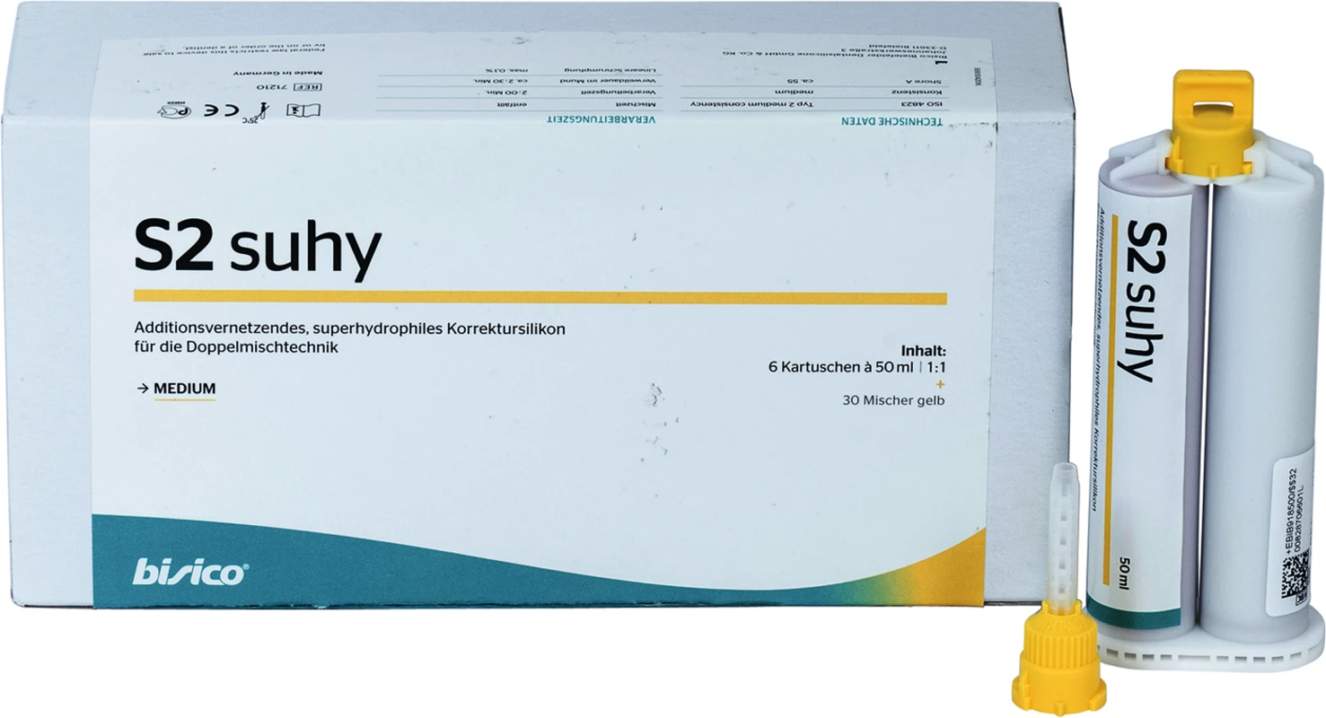 S2 suhy Packung 6 x 50 ml Doppelkartusche medium, 30 Mischer gelb