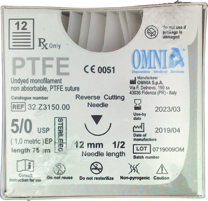 PTFE Nahtmaterial Packung 12 Stück 45 cm, 3/8 Kreis, schneidend, 12 mm, USP 5/0