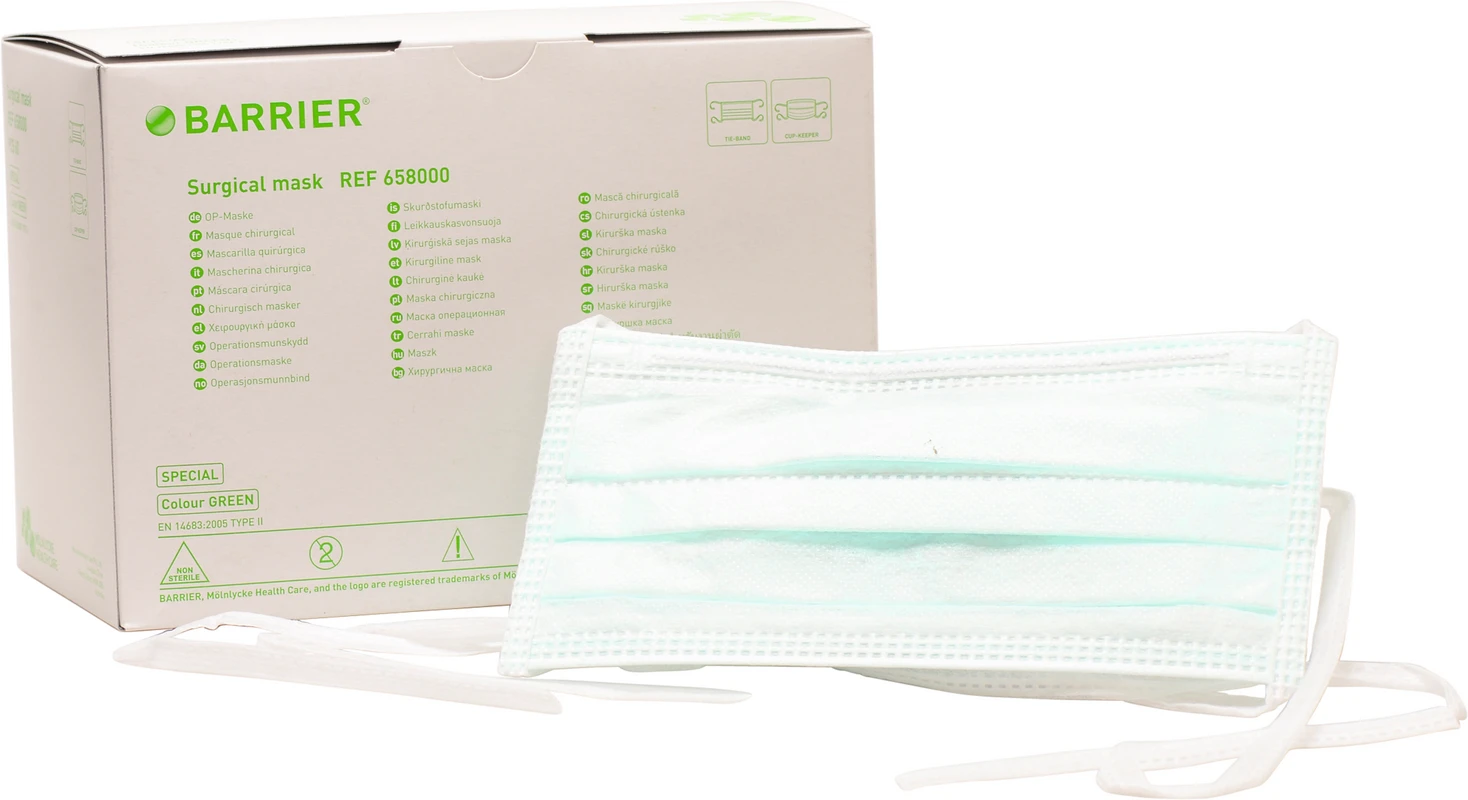 BARRIER® OP-Maske Special Packung 60 Stück grün, Bindebänder, mit Formhalter