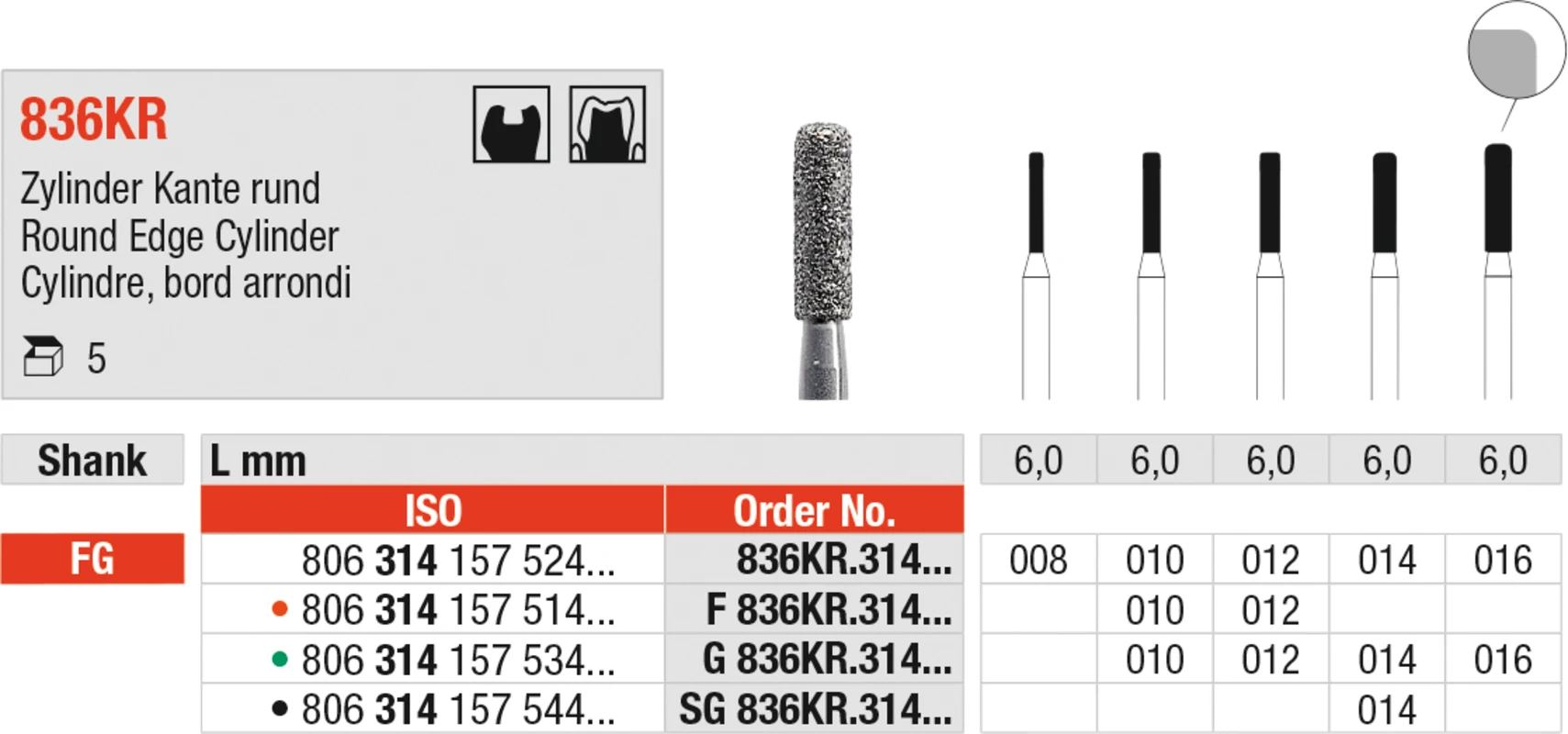 Diamanten 836KR Packung 5 Stück grün grob, FG, Figur 157 Zylinder Kante rund, 6 mm, ISO 010