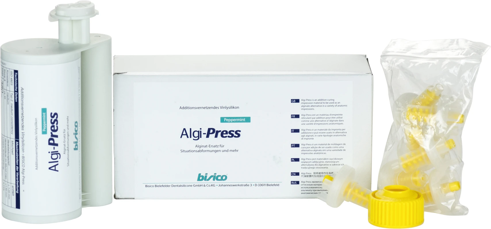 Algi-Press Packung 380 ml Doppelkartusche, Mintgrün, Minzgeschmack, 10 Mischer 5:1, 1 Fixationsring
