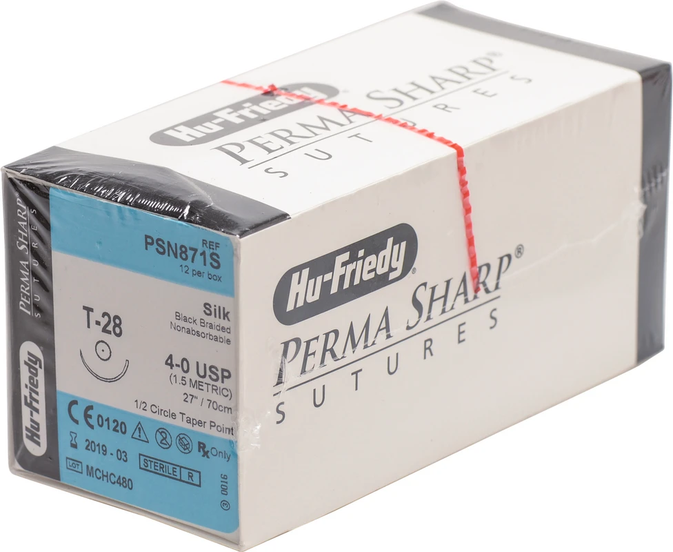 Perma Sharp™ Seide Packung 12 Stück schwarz, 70 cm, T-28, 1/2 Kreis, Rundkörper, 17,5 mm, USP 4/0