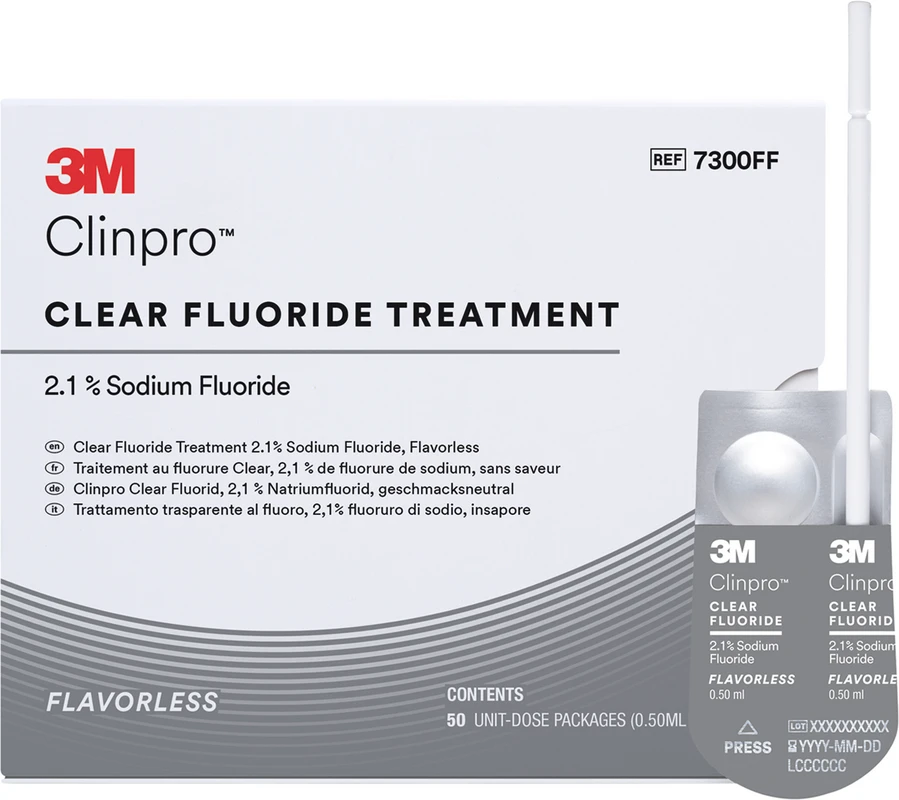 Clinpro™ Clear Fluorid Packung 50 x 0,5 ml Single Dose ohne Geschmack, Zubehör