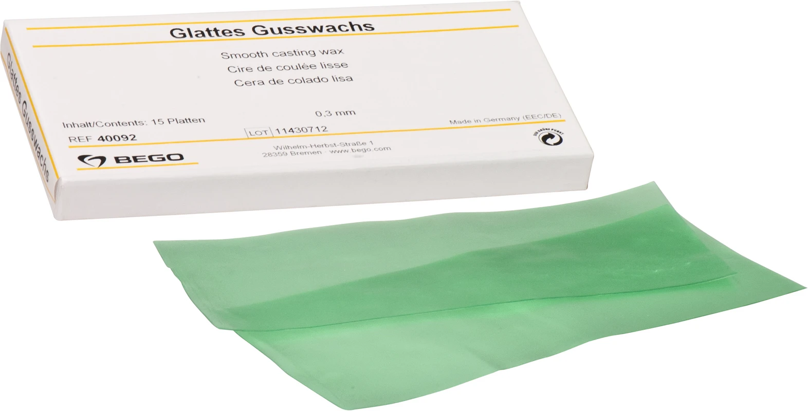 Glattes Gusswachs Packung 15 Stück grün, Stärke 0,3 mm