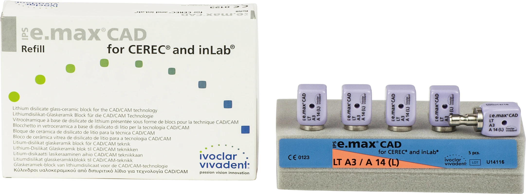 IPS e.max CAD for CEREC/inLab Packung 5 Stück Gr. A14 L, A3 LT