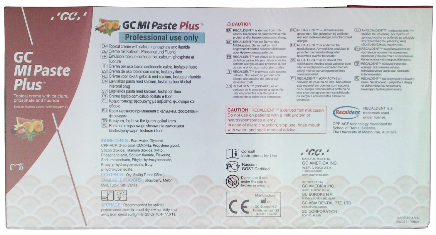 GC MI Paste Plus™ Aktionspaket 5 x 40 g (Erdbeere, Melone, Minze, Vanille, Tutti-Frutti)