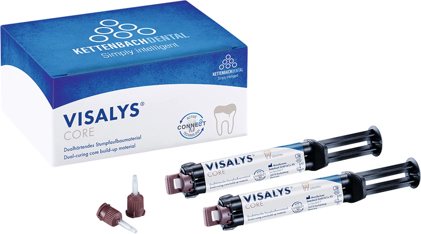 Visalys® Core Normal pack 2 x 9 g (5 ml) Spritze dentin, 20 Mischkanülen, 10 Intraoral Tips, 10 Endo Tips Visalys® Core Kettenbach Dental