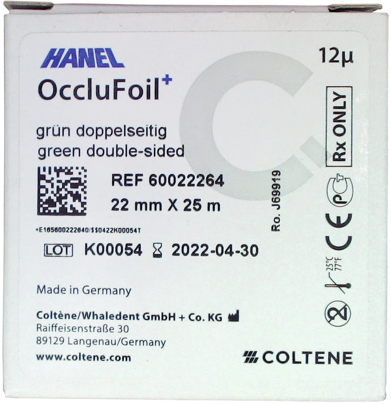 HANEL OccluFoil+, doppelseitig 12µ Rolle 25 m grün, 22 mm breit, PET