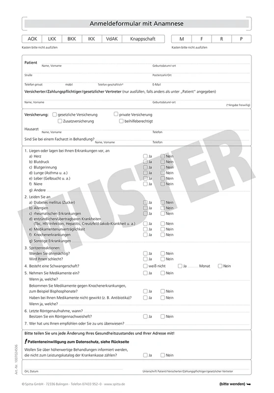 Anmeldeformulare Anamnese Stück 100 Blatt A4, zum Ankreuzen