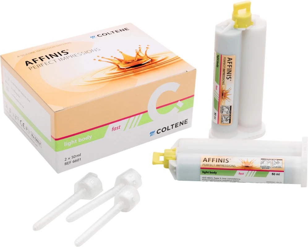 AFFINIS® System 50 Packung 2 x 50 ml Doppelkartusche fast light body, 12 Mixing Tips AFFINIS® System 50 COLTENE