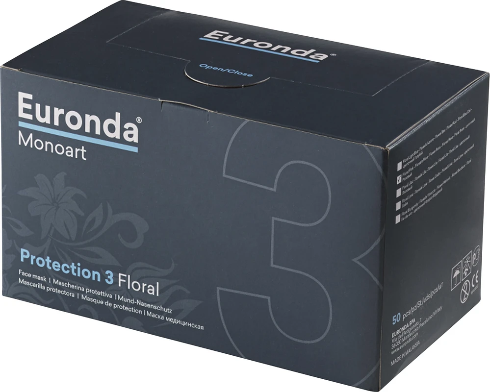 Monoart® Mundschutz Flower Spenderbox 50 Stück mit Gummizug, blau