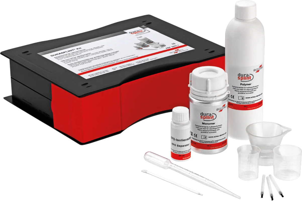 DURASPLINT® Kit 200 g Polymer, 100 ml Monomer, 1 Dosier- und Mischbecher, 20 ml KFO-Isoliermittel inklusive Pinsel, Zubehr