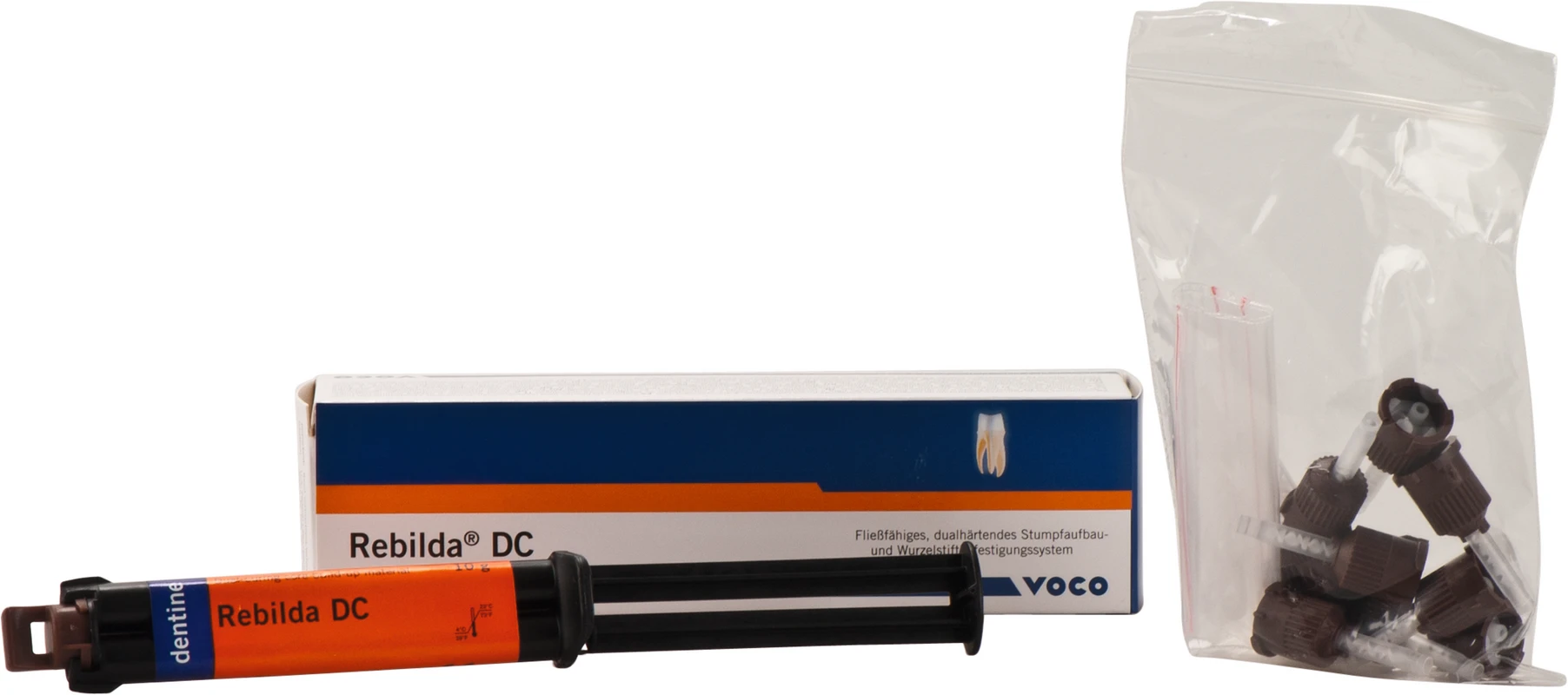 Rebilda® DC Packung 10 g QuickMix Spritze dentin, Mischkanülen Typ 11, Applikationsaufsätze Typ 4