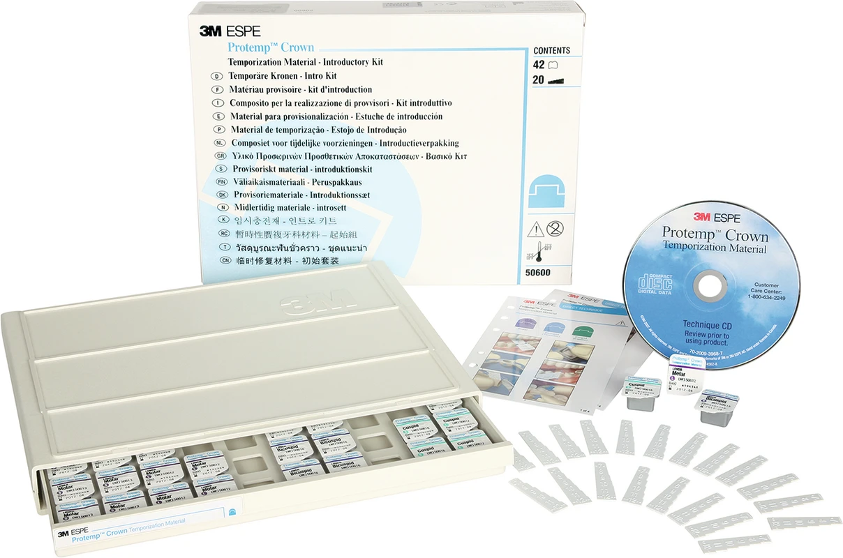 Protemp™ Crown Intro Kit 42 Kronen, 1 Kronenschubfach, Etiketten, 2 x 10 Kronenmesslehren, 1 Anleitung