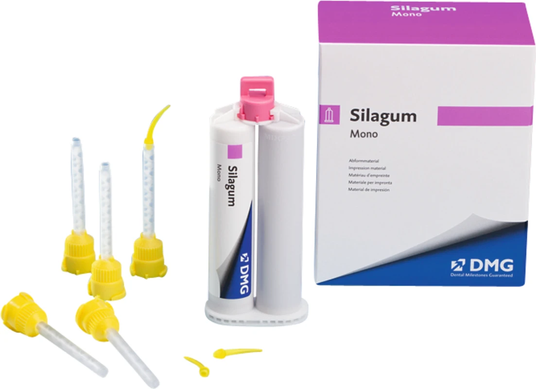 Silagum Mono Packung 2 x 50 ml Doppelkartusche, 4 Automix-Tips, 4 Intraoral-Tips