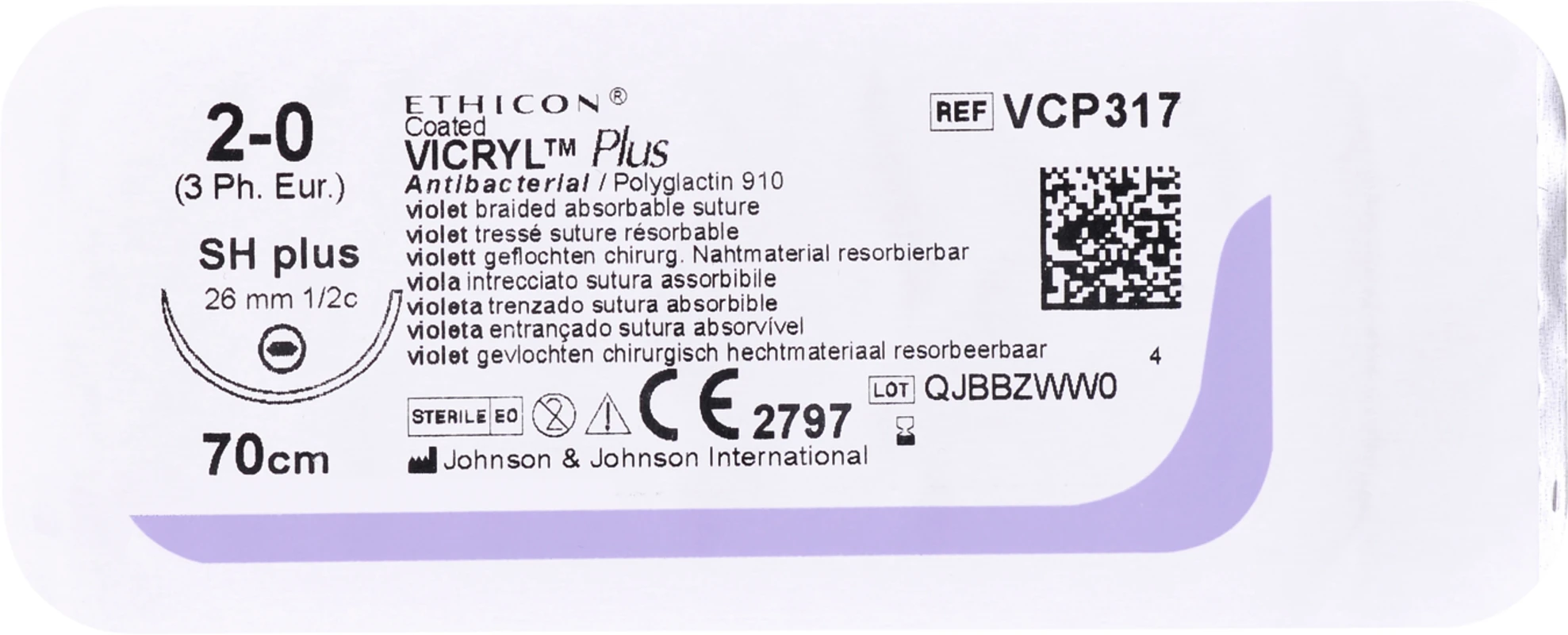VICRYL™ Plus Packung 36 Stück violett, 70 cm, SH1 PLUS, 1/2 Kreis, Rundkörper, flach, 22 mm, USP 4/0