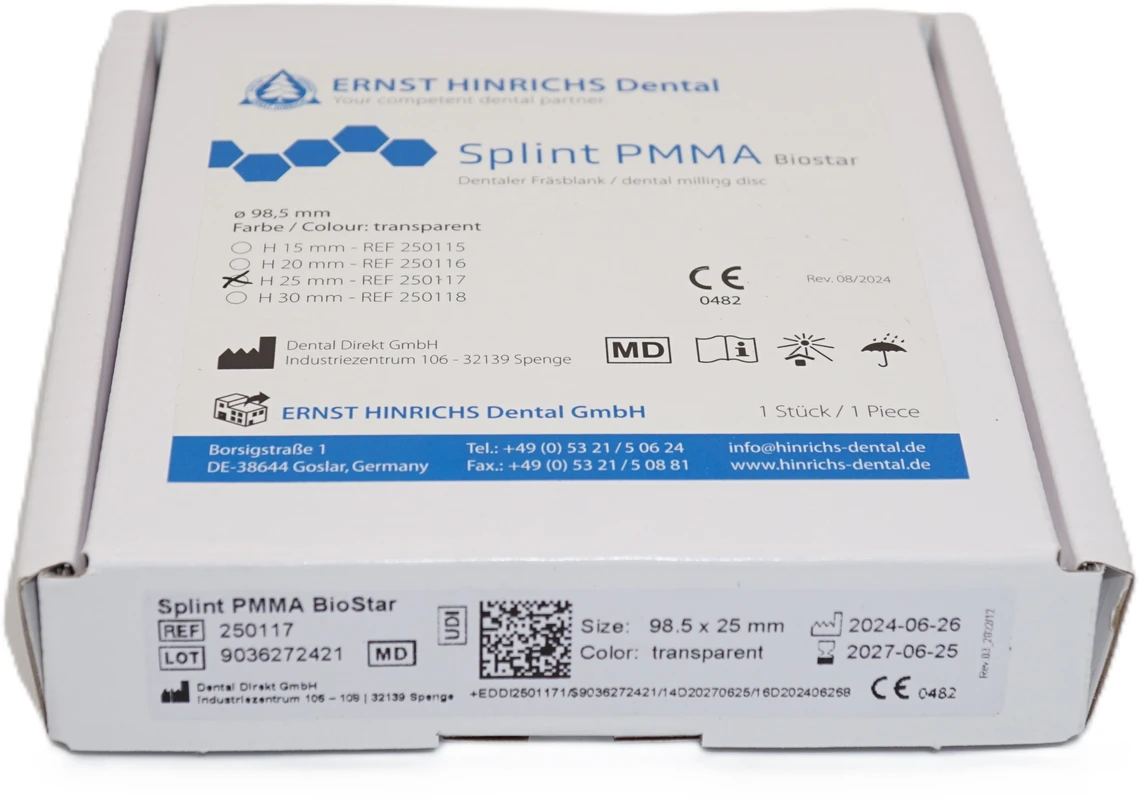 Splint PMMA BioStar Stück H 25 mm, transparent