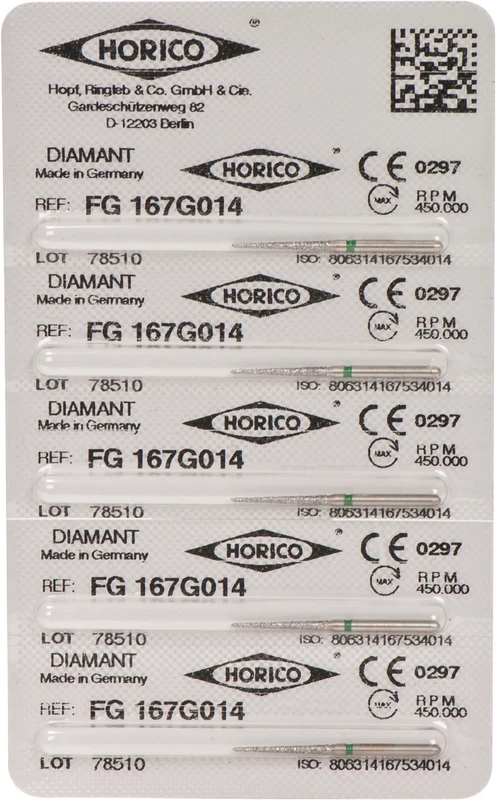 Diamantschleifer 167 Packung 5 Stück grün grob, FG, Figur 167, 11,5 mm, ISO 014