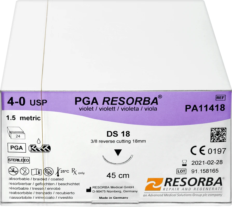 RESORBA® PGA Packung 24 Stück violett, 45 cm, DS18, 3/8 Kreis, außen schneidend, 18 mm, USP 4/0