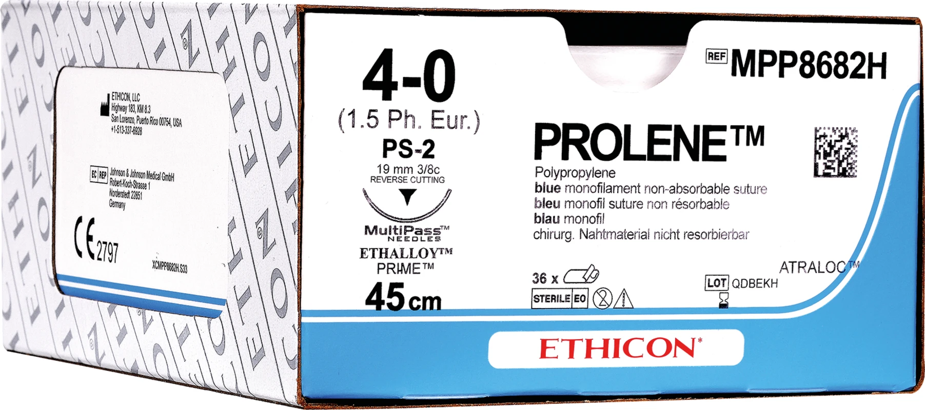 PROLENE Packung 36 Stück blau, 45 cm, FS1, 3/8 Kreis, schneidend, 16 mm, USP 4/0